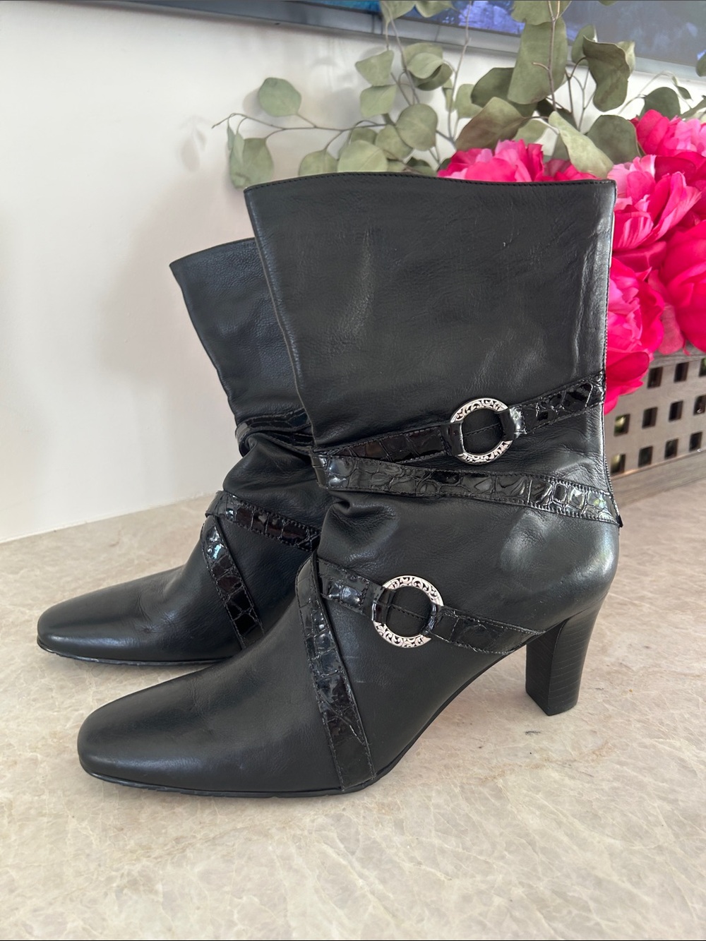 Vintage Brighton Risqué Leather Black Heeled Boots Size 9